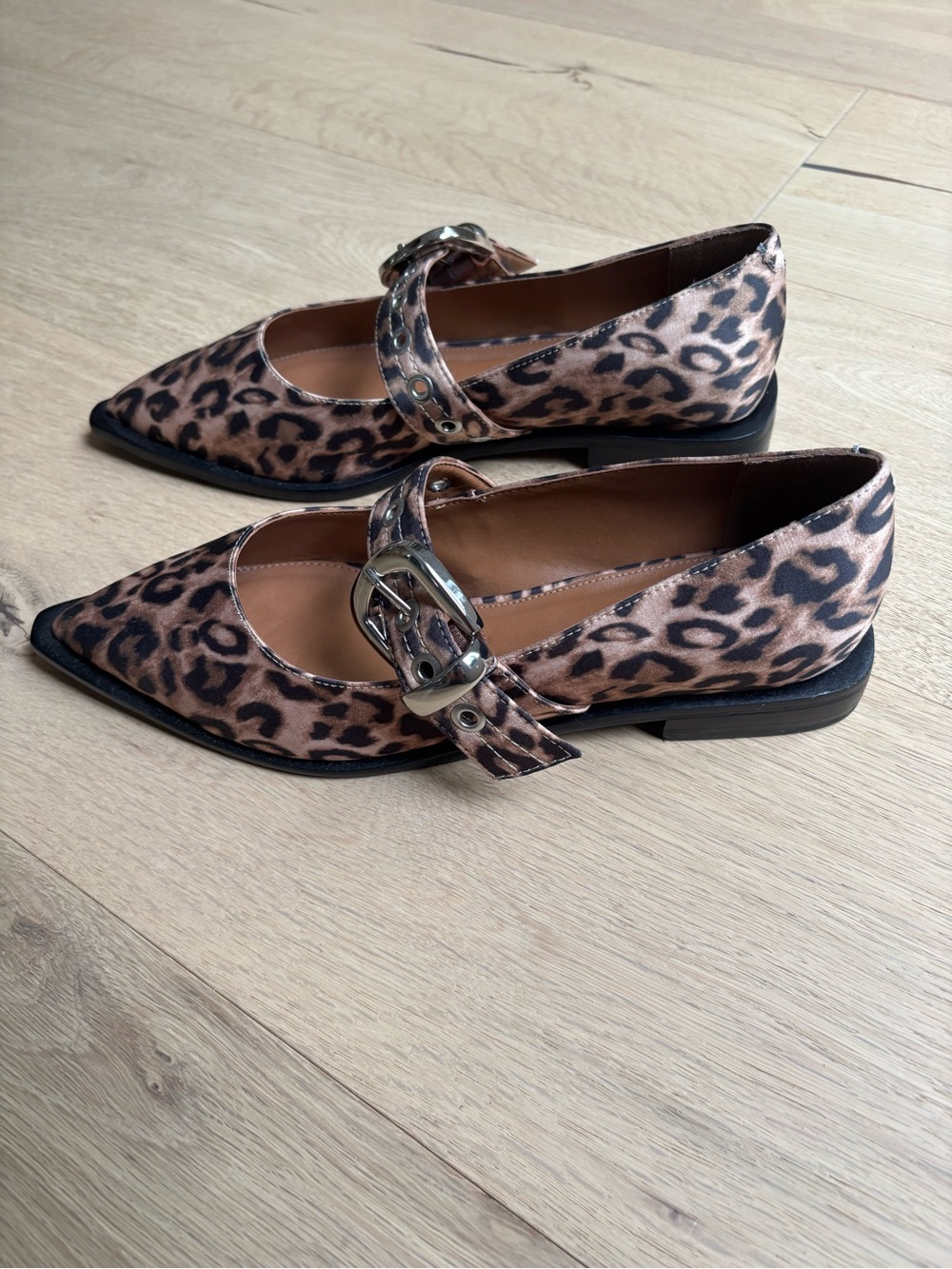 Maeve Leopard Print Pointed Mary Jane Flats in Brown and Black